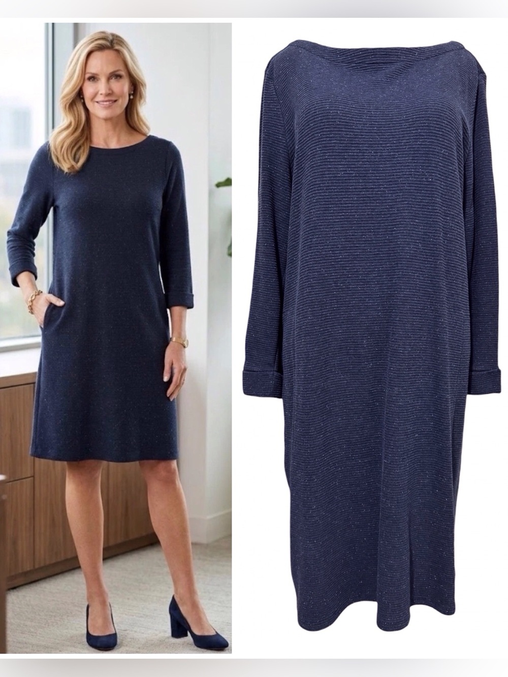 J. Jill Wearever Long Sleeve Ribbed Boat Neck Shift Dress Blue Size Large
